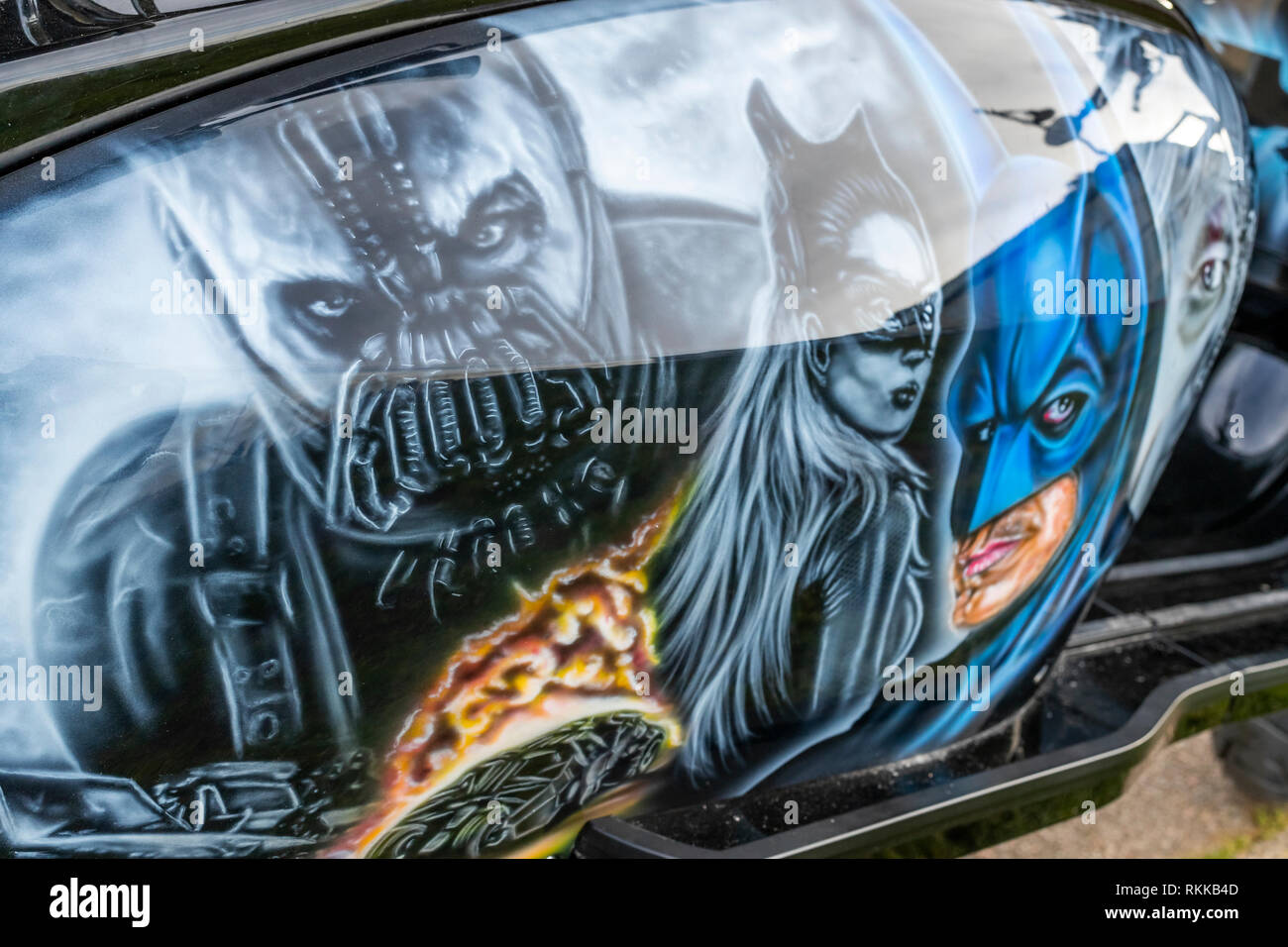 Peinture personnalisée sur le thème de Batman sur un Lambretta scooter. Week-end mar 2019 Steampunk : Whitby, North Yorkshire. UK Banque D'Images