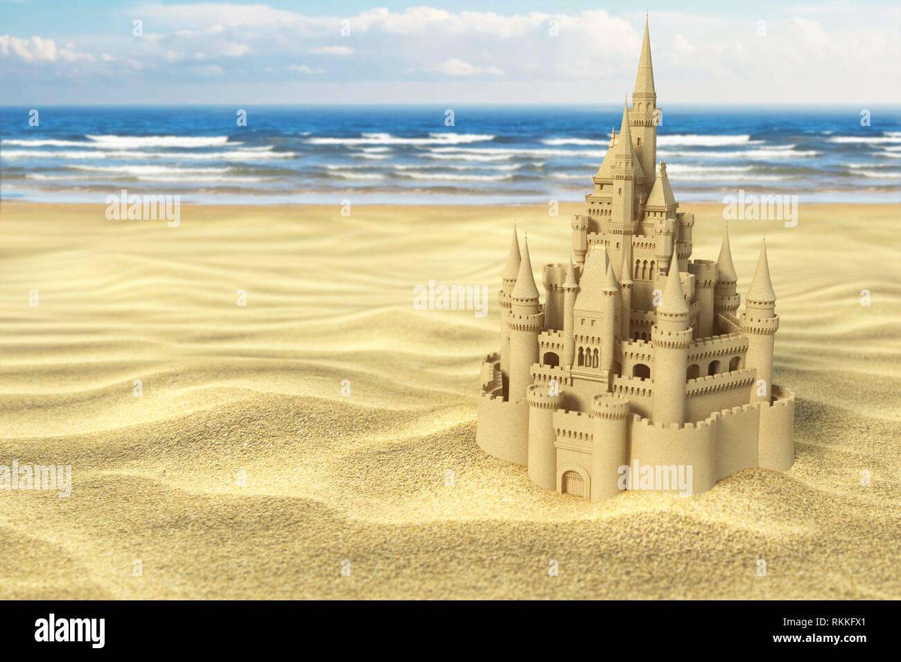 Chateau De Sable Sur La Plage Sur La Mer Et Le Fond De Ciel 3d Illustration Photo Stock Alamy