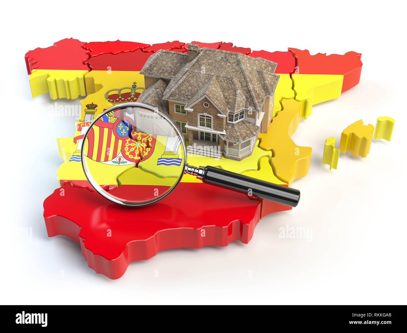 Chambre Et La Loupe Sur La Carte De L Espagne Dans Des Couleurs Du Drapeau Espagnol Recherchez Une Chambre A Louer Ou Acheter Concept Immobilier En Espagne 3d Photo Stock Alamy
