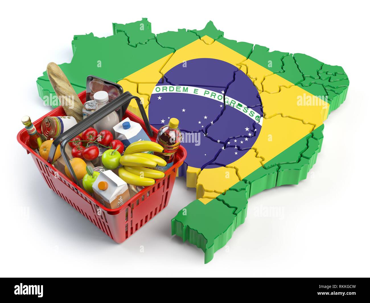 Panier du marché ou l'indice des prix à la consommation au Brésil. Panier  avec les aliments sur la carte du Brésil. 3d illustration Photo Stock -  Alamy