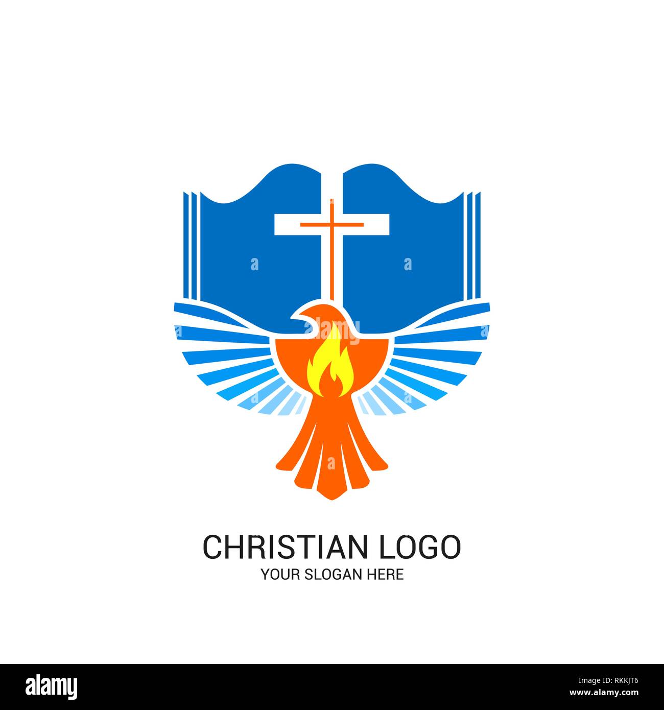 Logo de l'église chrétienne. Symboles de la Bible. La Bible ouverte, la croix de Jésus Christ et de la colombe. Illustration de Vecteur