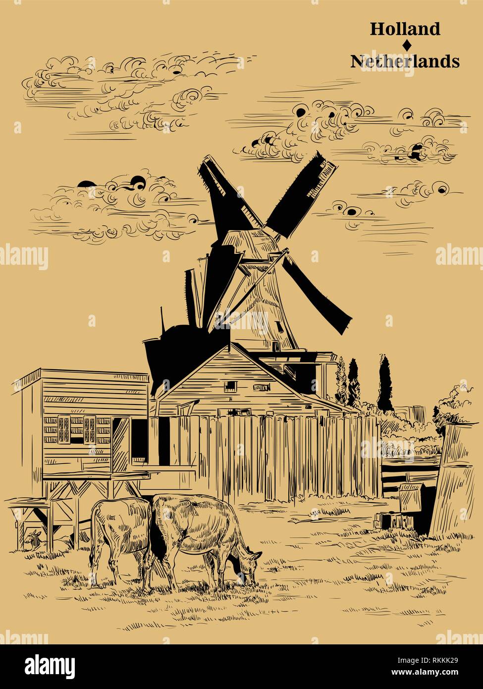 Vector Illustration Dessin à La Main Dun Moulin à Eau à
