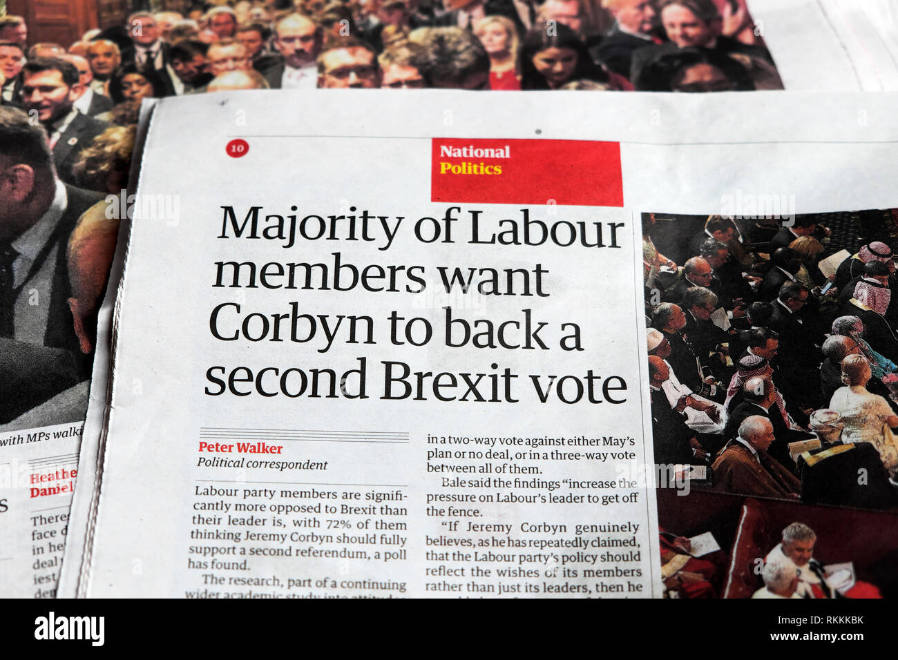 "Majorité de députés veulent du travail pour un deuxième retour Corbyn Brexit vote" gros titre de journal article du Guardian article janvier 2019 London UK Banque D'Images
