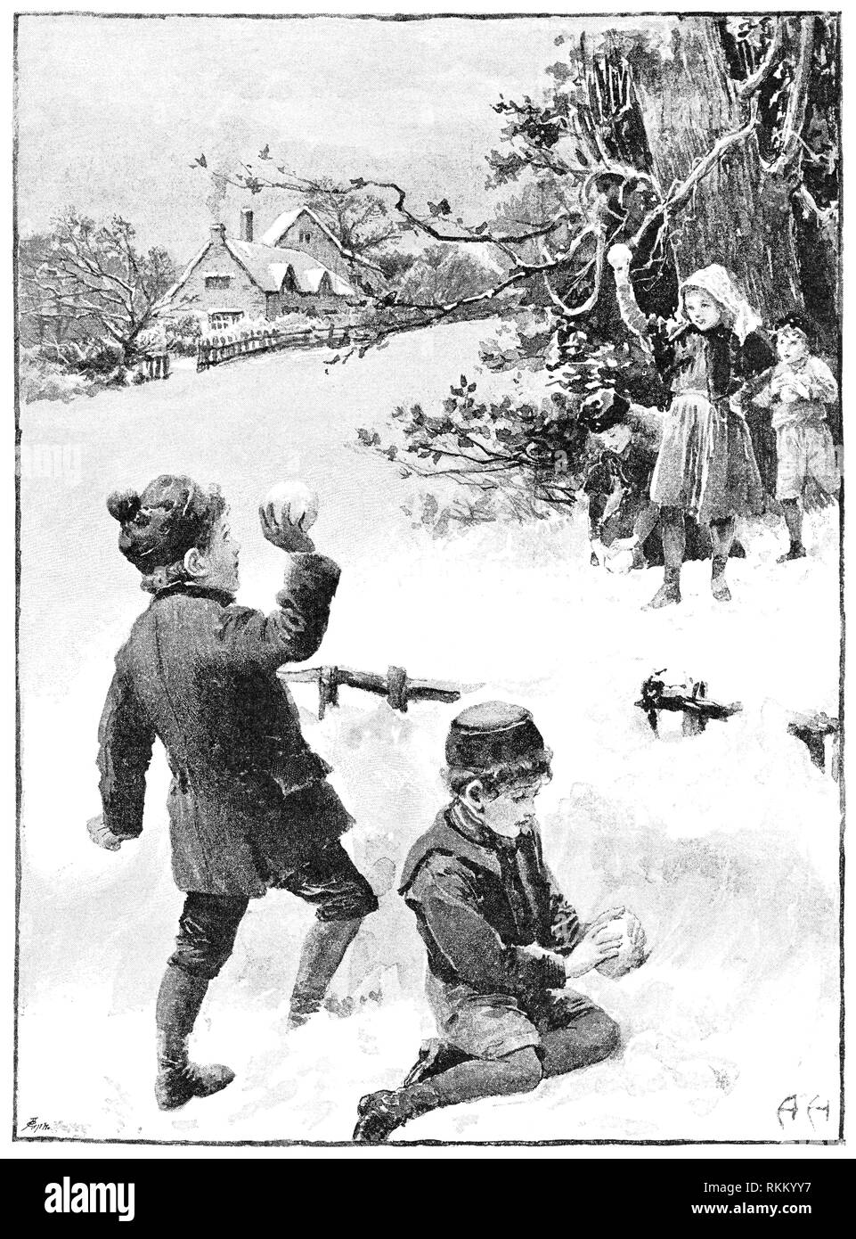 1892 illustration par Alice Havers d'enfants ayant une bataille de boules de neige. À partir de la ministre de l'Assemblée annuelle 1892. Banque D'Images