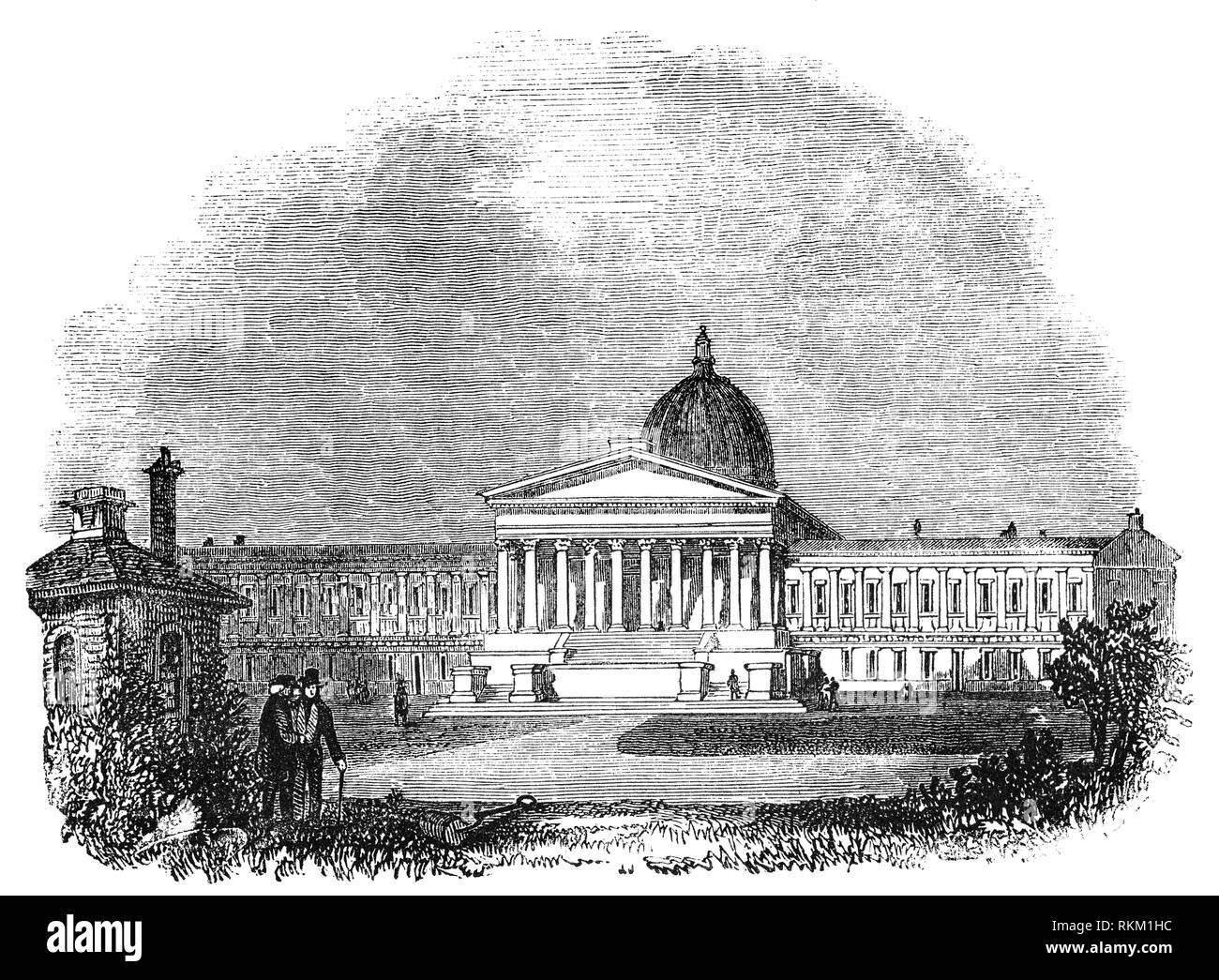 Le bâtiment conçu par William Wilkins Wilkins, partie de l'University College de Londres (UCL), l'université de recherche publics situés à Londres, Royaume-Uni. Créé en 1826 par les fondateurs de l'Université de Londres comme inspiré par l'idées radicales sur l'éducation et la société de Jeremy Bentham, l'UCL a été la première institution universitaire à être établi à Londres, et le premier en Angleterre à être entièrement laïque, admittings es étudiants indépendamment de leur religion et la première à admettre des femmes. En 1836, l'UCL est devenu l'un des deux collèges de l'Université de Londres, où il a obtenu une charte royale. Banque D'Images