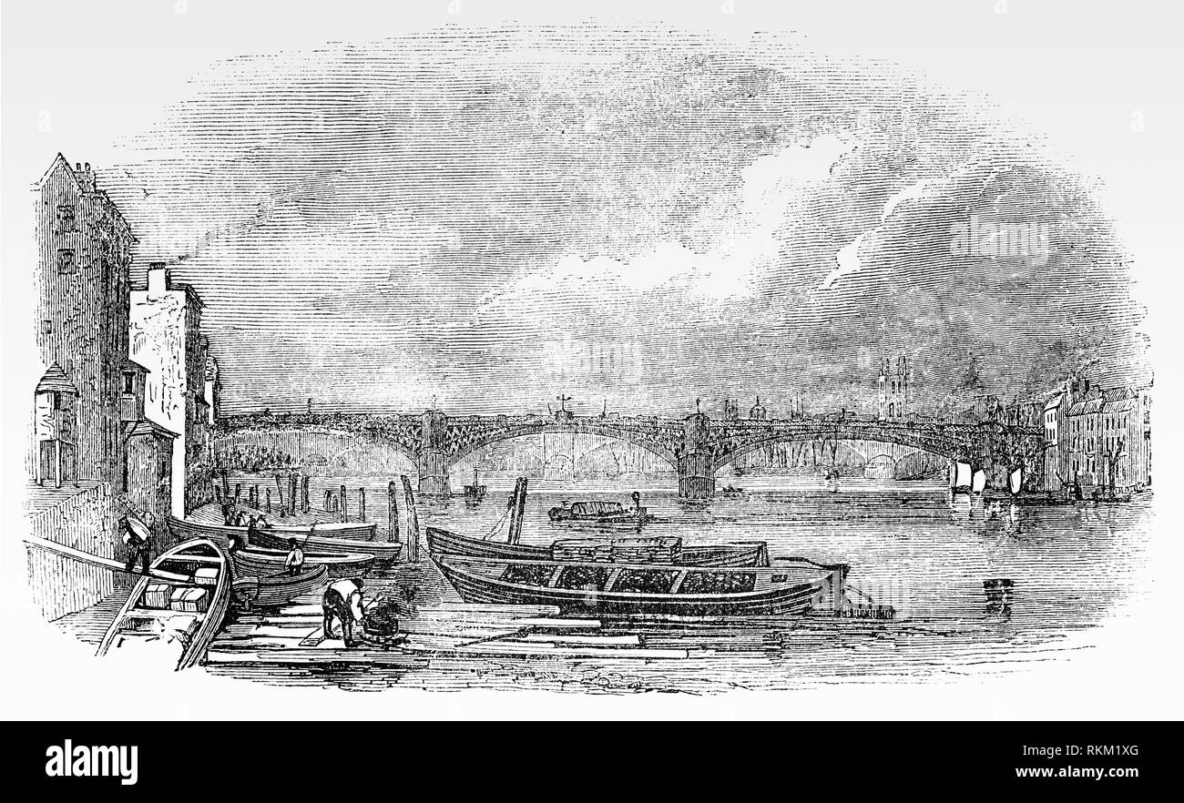 L'ancien Southwark Bridge, conçu par John Rennie, ouvert sur le site en 1819 et a été à l'origine connu comme le pont de la rue Queen. Il était composé de trois grandes travées en fer soutenu par des piliers de granit et a été connu pour avoir la plus longue durée de fonte jamais réalisé. Banque D'Images