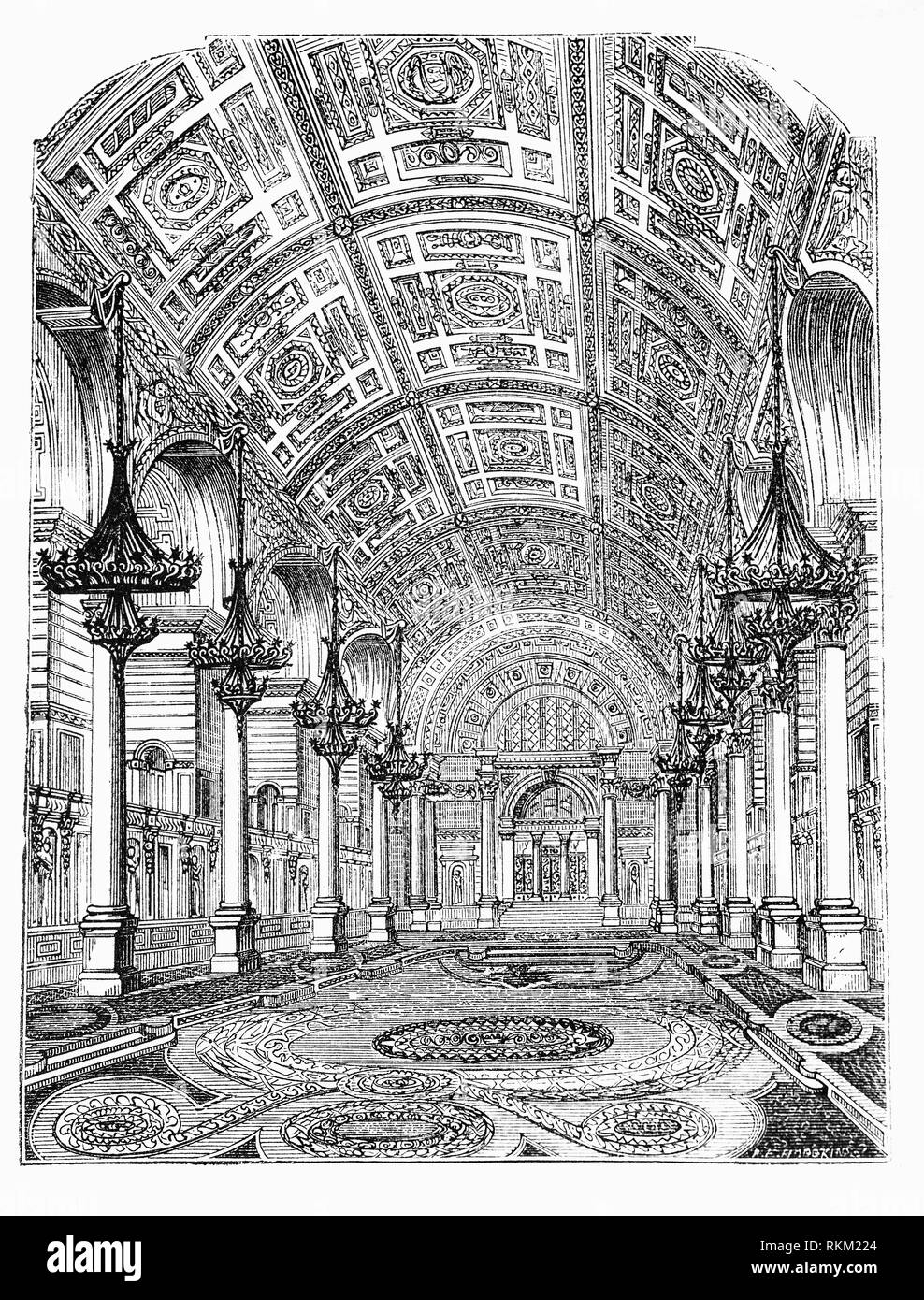 La salle de concert à St George's Hall, dans Lime Street, dans le centre de la ville anglaise de Liverpool. Construit dans un style néoclassique, la première pierre a été posée pour commémorer le couronnement de la reine Victoria en 1838. Sir Charles Cockerell était en grande partie responsable de la décoration de l'intérieur. Le toit est une salle voûtée menées sur des colonnes de granit rouge poli ; les murs ont des niches pour les statues et les plâtres de lambris de la voûte a Vertus de figures allégoriques, des sciences et des arts et la décoration très-de-chaussée se compose de plus de 30 000 carreaux de Minton. La salle a été ouvert en 1854. Banque D'Images