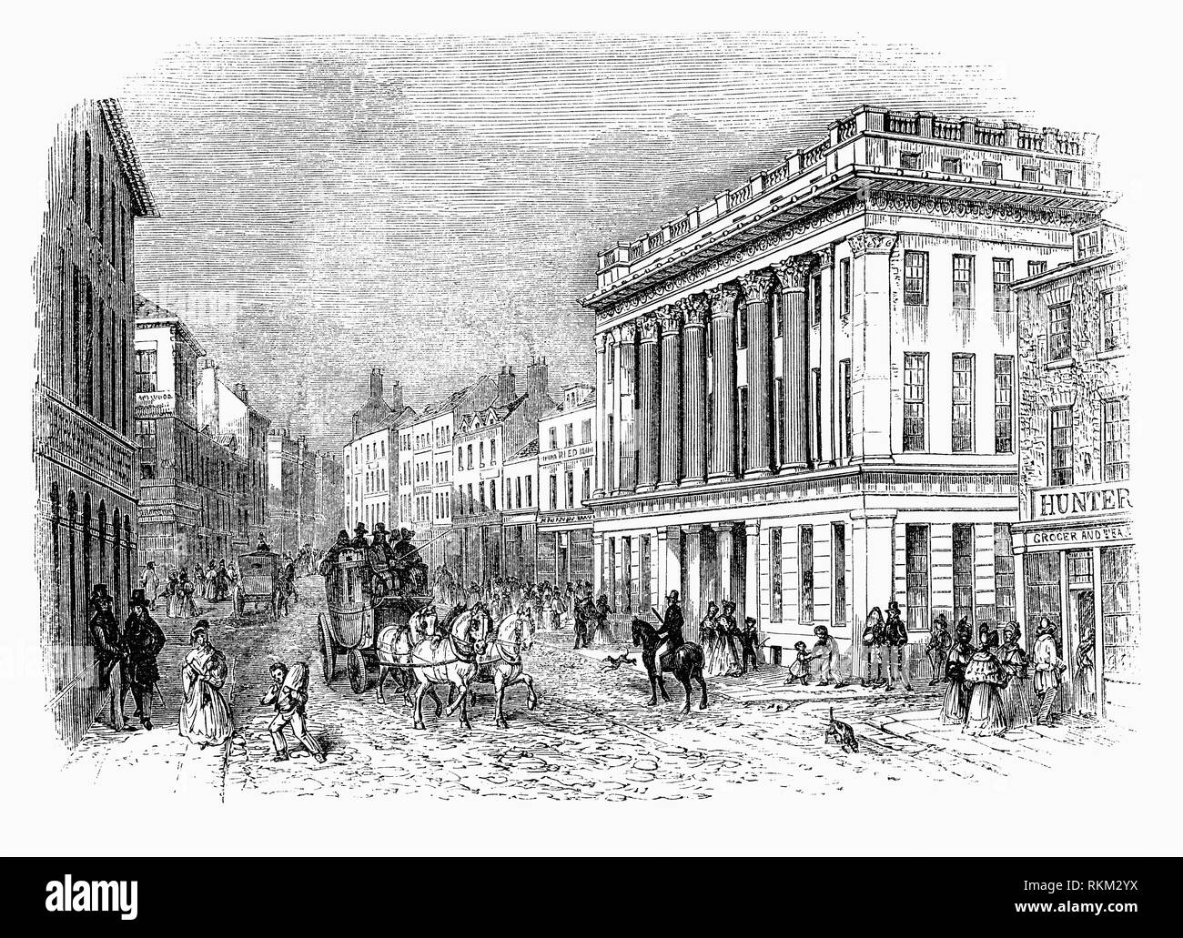 Dans les années 1825-1840 le centre de Newcastle-upon-Tyne, en Angleterre a été reconstruit. C'était surtout le travail de trois hommes, John Dobson, un architecte, Richard Grainger, un constructeur et John Clayton le greffier de la ville et tous les trois ont rues nommées d'après eux. Richard Grainger et John Dobson, construit la Royal Arcade dans un style grec classique au pied de Pilgrim Street. Avec ses coupoles et colonne en pierre, il est devenu un foyer de magasins, banques, bureaux, un bureau de poste, une salle de vente, et d'un hammam et bains de vapeur d'être salué comme le plus bel exemple de ce genre dans le pays. Banque D'Images