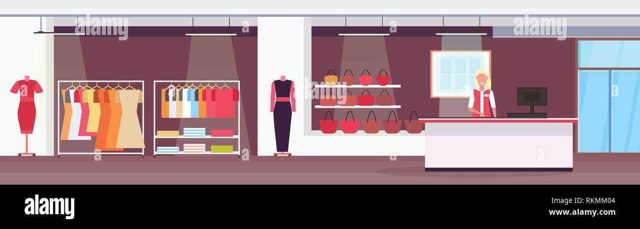 Vendeuse au comptoir caisse grande boutique de mode super marché Les vêtements féminins shopping mall interior bannière horizontale boutique moderne télévision Illustration de Vecteur