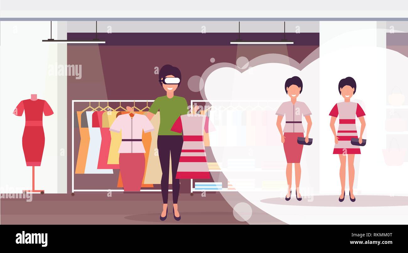 Vendeuse robe portefeuille portant des lunettes de réalité virtuelle numérique casque concept vision d'acheteurs pour les vêtements féminins shopping mall fashion boutique Illustration de Vecteur