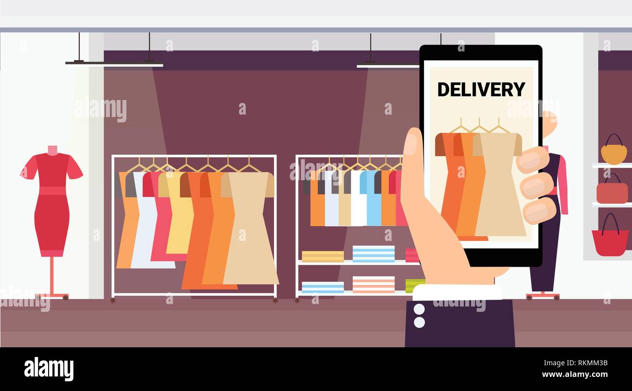 Human hand holding livraison en ligne smartphone mobile shopping concept fashion shop vêtements femme boutique moderne horizontal intérieur télévision Illustration de Vecteur