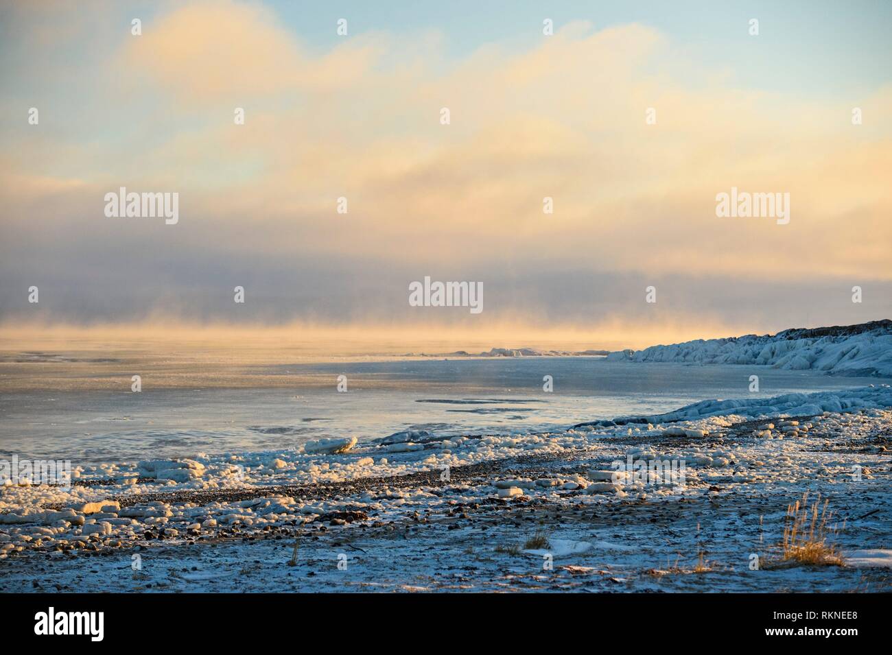 Le littoral de la Baie d'Hudson au moment du gel, Churchill, Manitoba, Canada. Banque D'Images