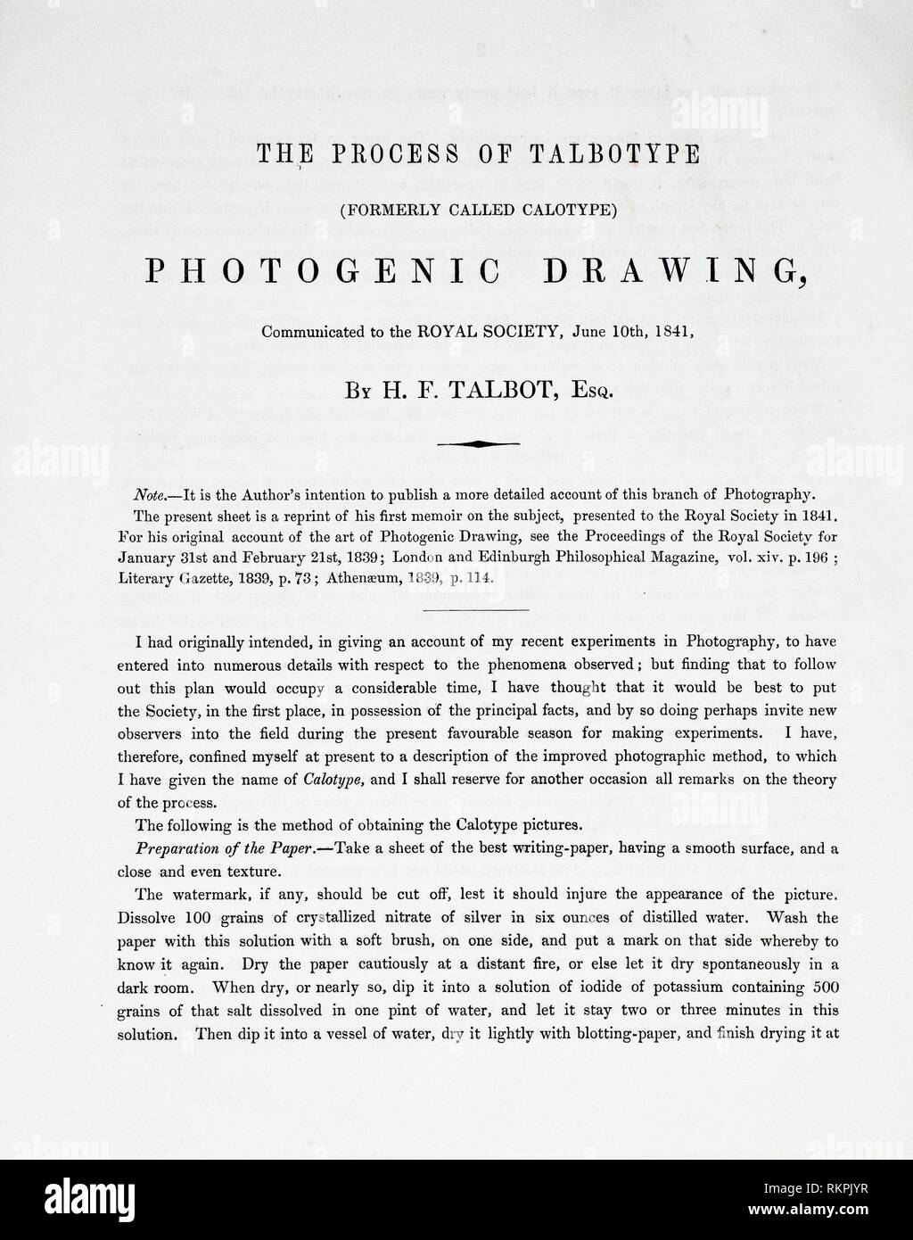 Le processus de Talbotype (anciennement appelé Calotype) Dessin photogénique - communiqué à la Société royale, le 10 juin 1841 - William Henry Fox Talbot Photo Stock