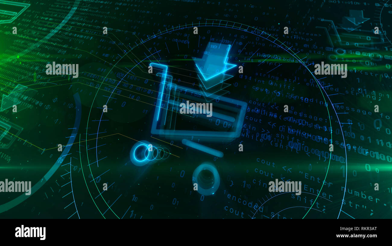 Marketing Internet et e-commerce symbole avec panier. Cyber business icône sur fond numérique. Vente en ligne abstract 3D illustration. Banque D'Images