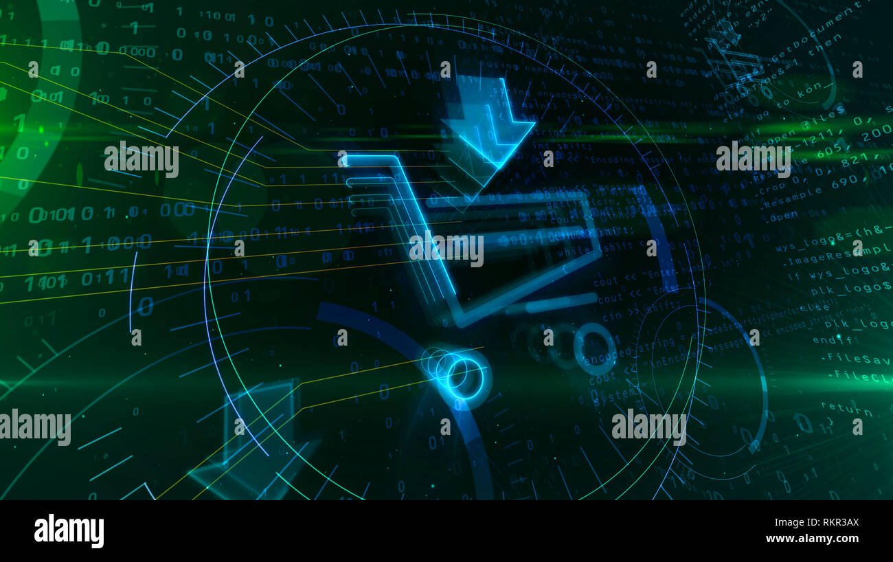 Marketing Internet et e-commerce symbole avec panier. Cyber business icône sur fond numérique. Vente en ligne abstract 3D illustration. Banque D'Images