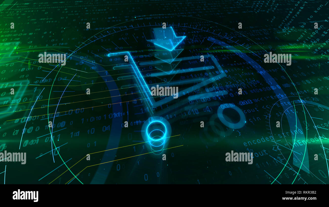 Marketing Internet et e-commerce symbole avec panier. Cyber business icône sur fond numérique. Vente en ligne abstract 3D illustration. Banque D'Images