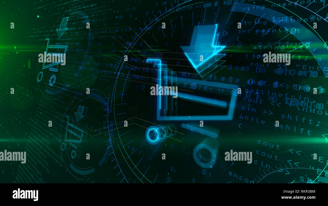 Marketing Internet et e-commerce symbole avec panier. Cyber business icône sur fond numérique. Vente en ligne abstract 3D illustration. Banque D'Images