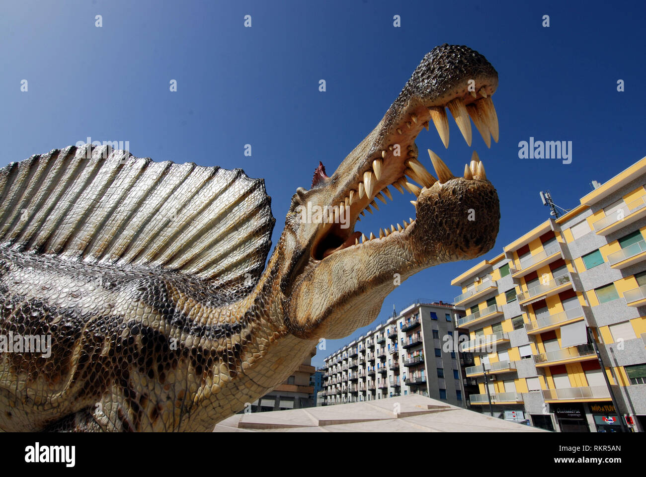 Les dinosaures marcher autour de la ville de reproduction à l'échelle 1:1 dinosaure spinosaurus aegyptiacus exposés dans la ville de Cosenza Calabria Italie 2018 Banque D'Images