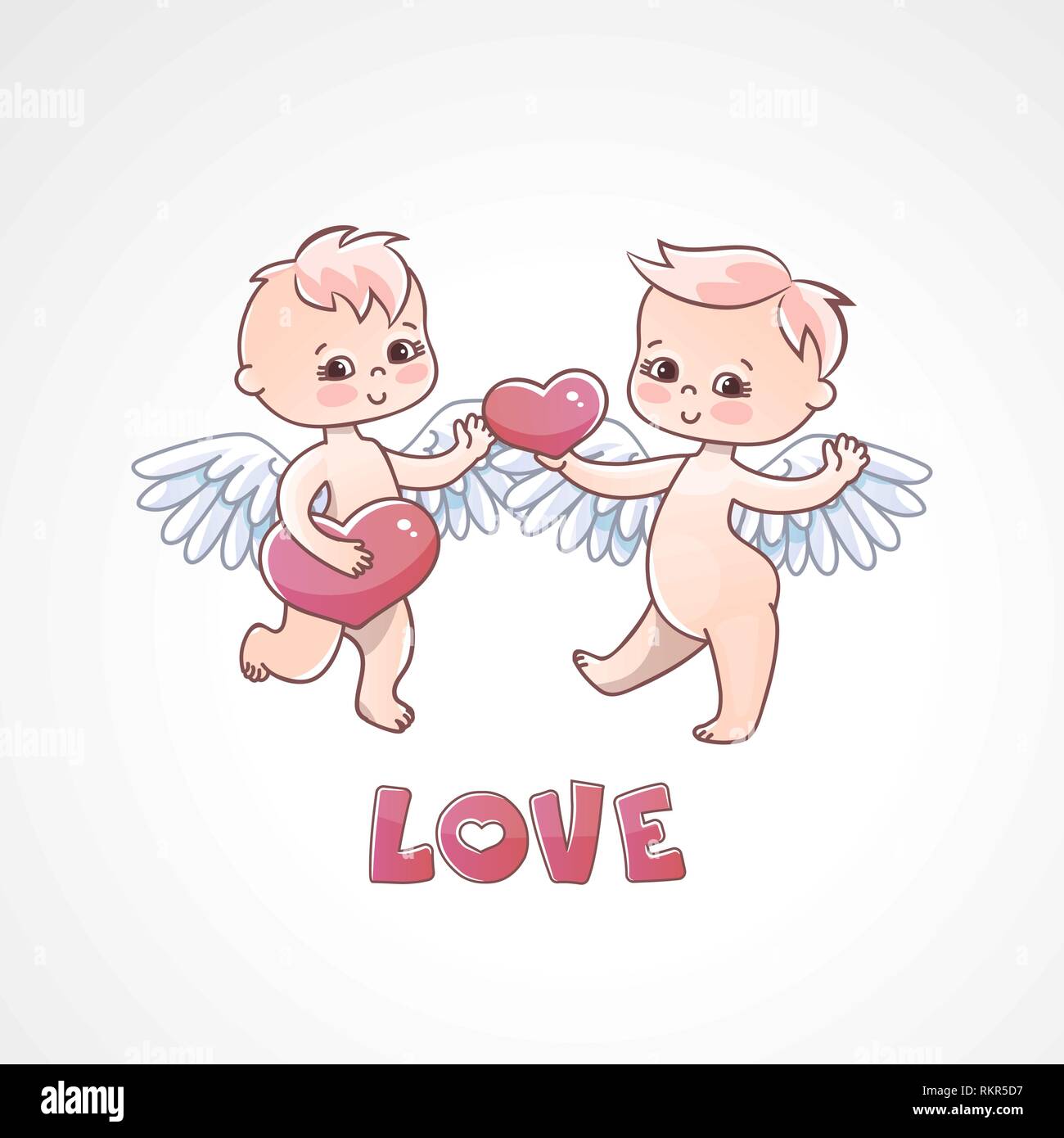 Bébés anges autocollants pour cadeau le jour de valentines. Anges avec des coeurs dans leurs mains. Carte postale et déclaration d'amour Illustration de Vecteur