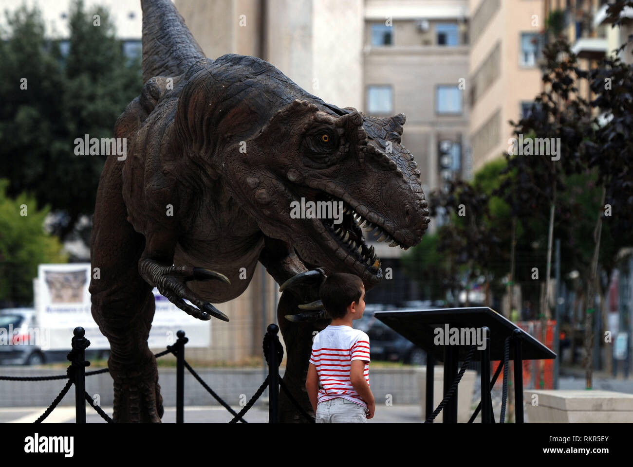Les dinosaures marcher autour de la ville de reproduction à l'échelle 1:1 neovenator salerii dinosaures exposés dans la ville de Cosenza Calabria Italie 2018 Banque D'Images