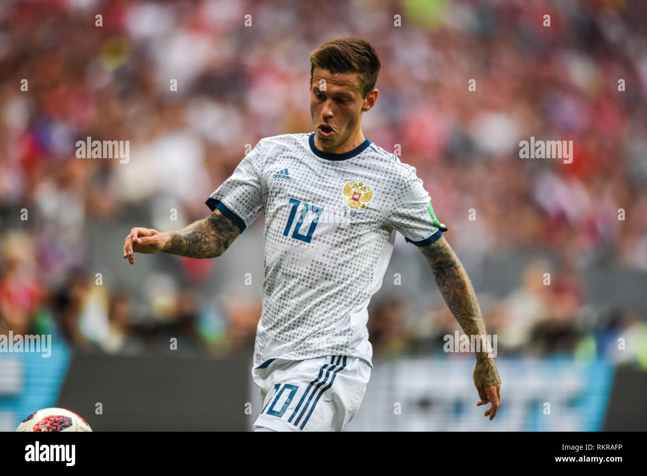 Moscou, Russie - 1 juillet 2018 L'équipe nationale de football de la Russie striker Fedor Smolov durant la Coupe du Monde FIFA 2018 ronde de 16 match l'Espagne contre la Russie. Banque D'Images