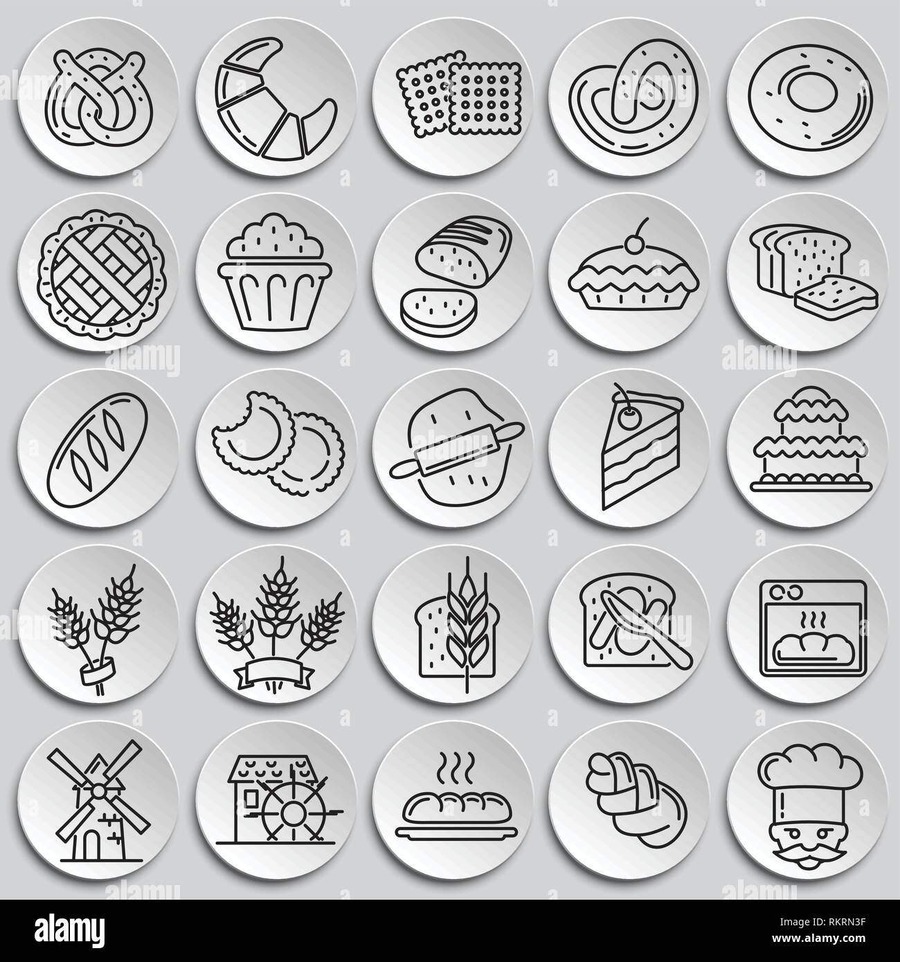 Contour boulangerie icons set sur les plaques pour l'arrière-plan graphique et web design, modernes, simples vector signe. Concept de l'Internet. Symbole à la mode pour la conception de site web site web application mobile ou bouton. Illustration de Vecteur