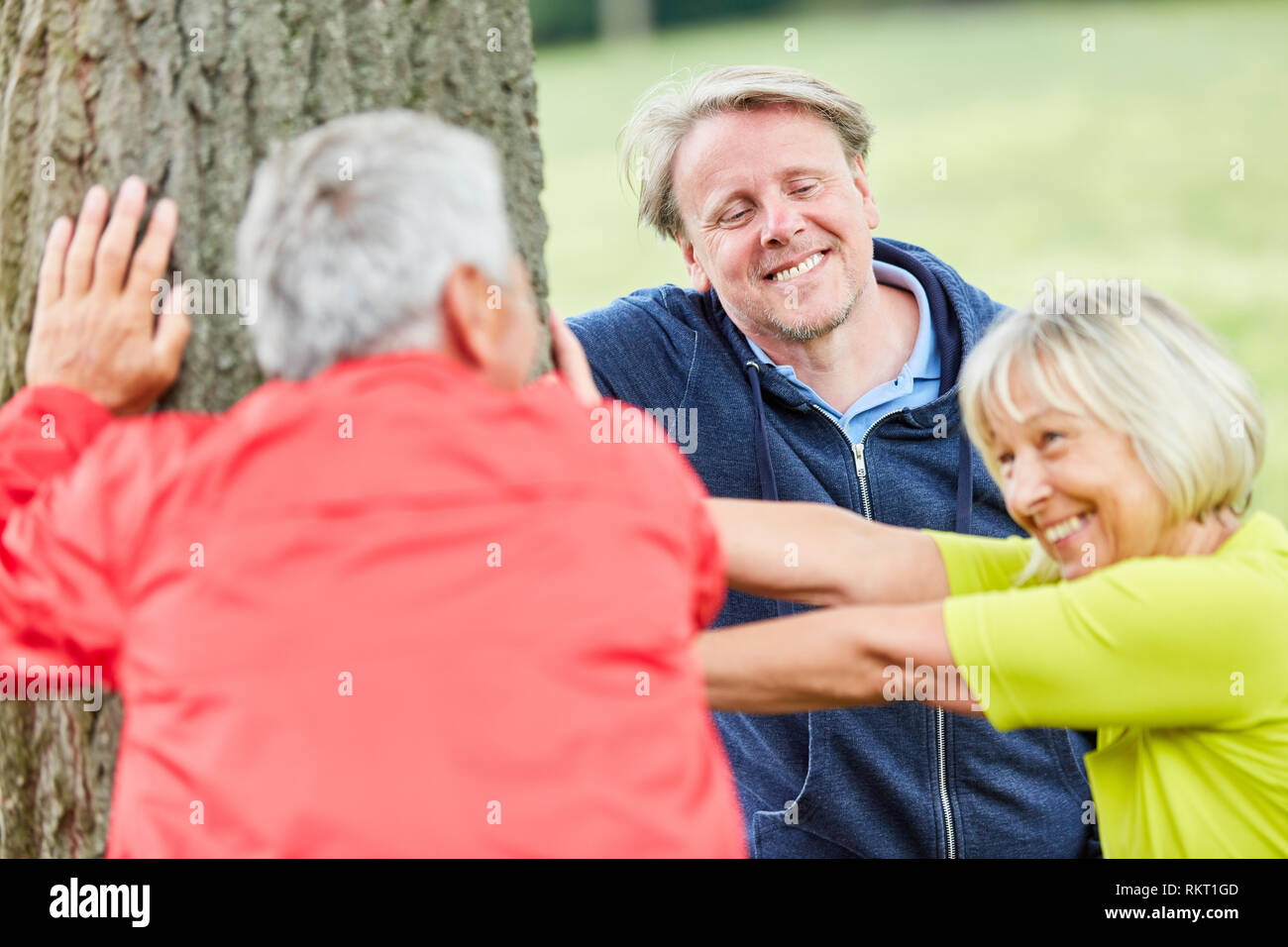 Groupe de personnes âgées qui s'étend sur un arbre comme un exercice de régénération Banque D'Images