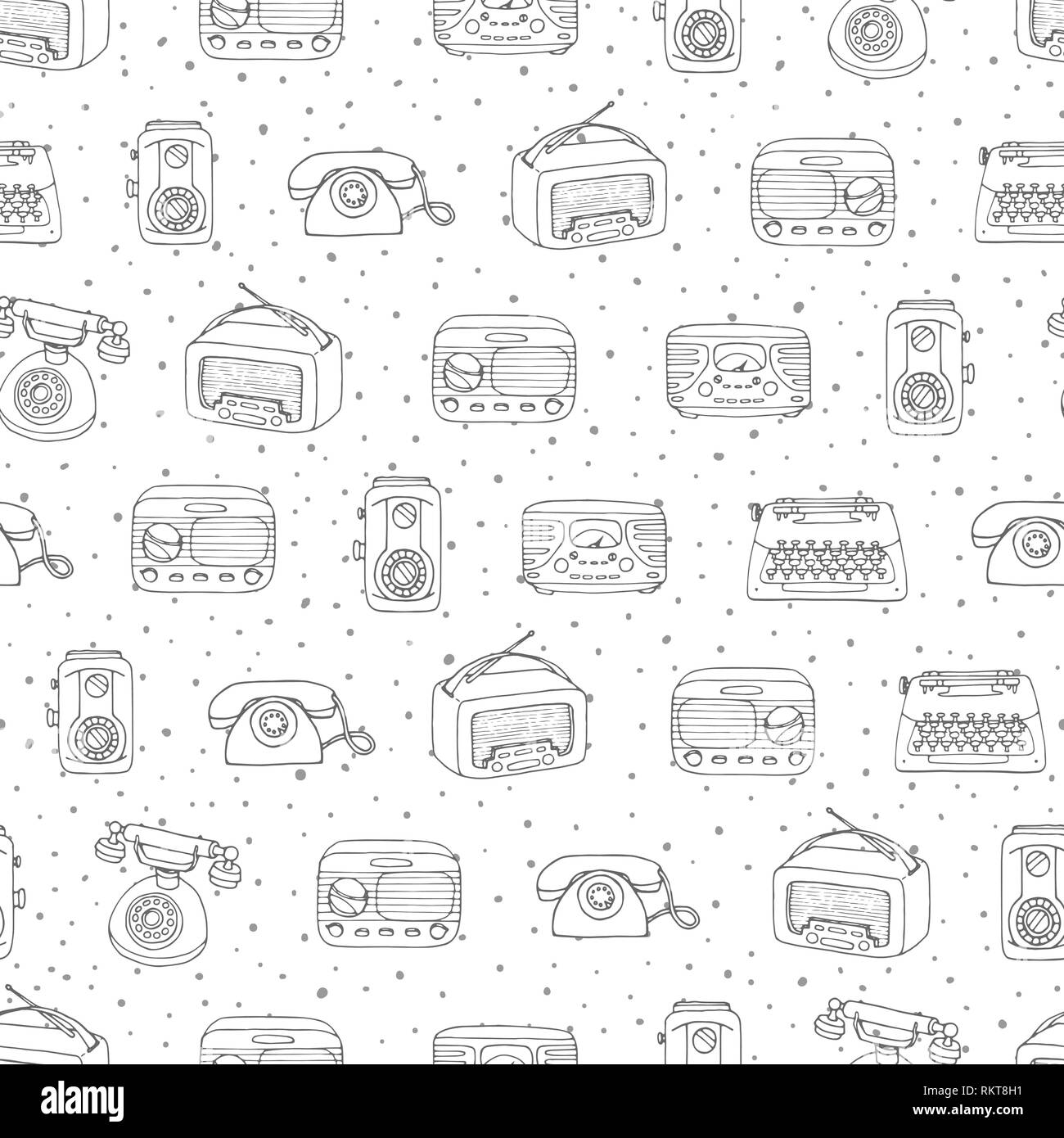 Vector retro seamless pattern avec meubles anciens tech, radio et machine à écrire sur le contour dotted background. Vintage dessinés à la main, des objets à partir de 1950 et 1960 Illustration de Vecteur
