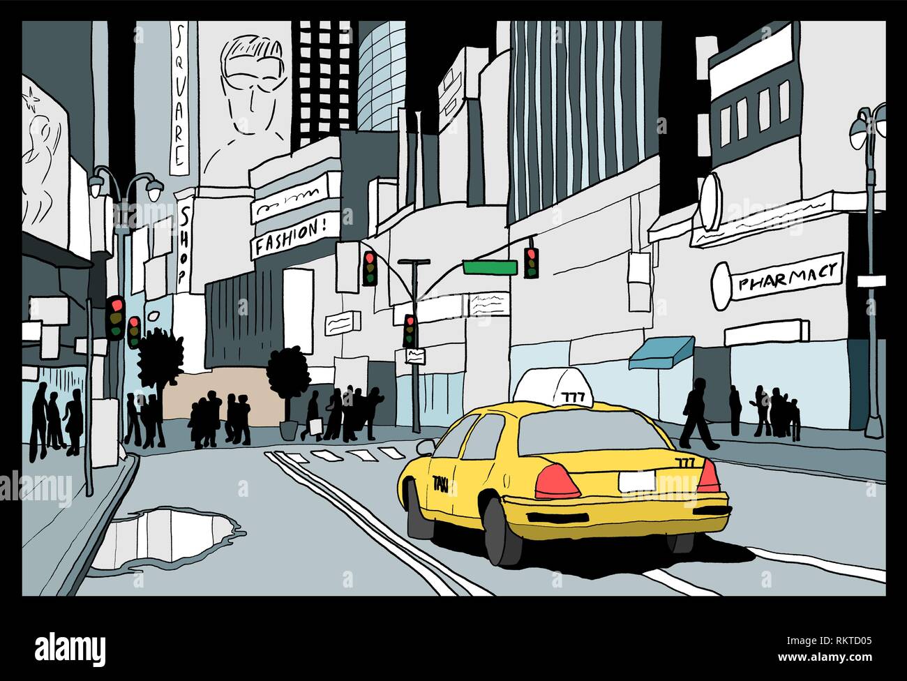 Nuit à New York City - illustration de Times Square, Manhattan. Illustration de Vecteur