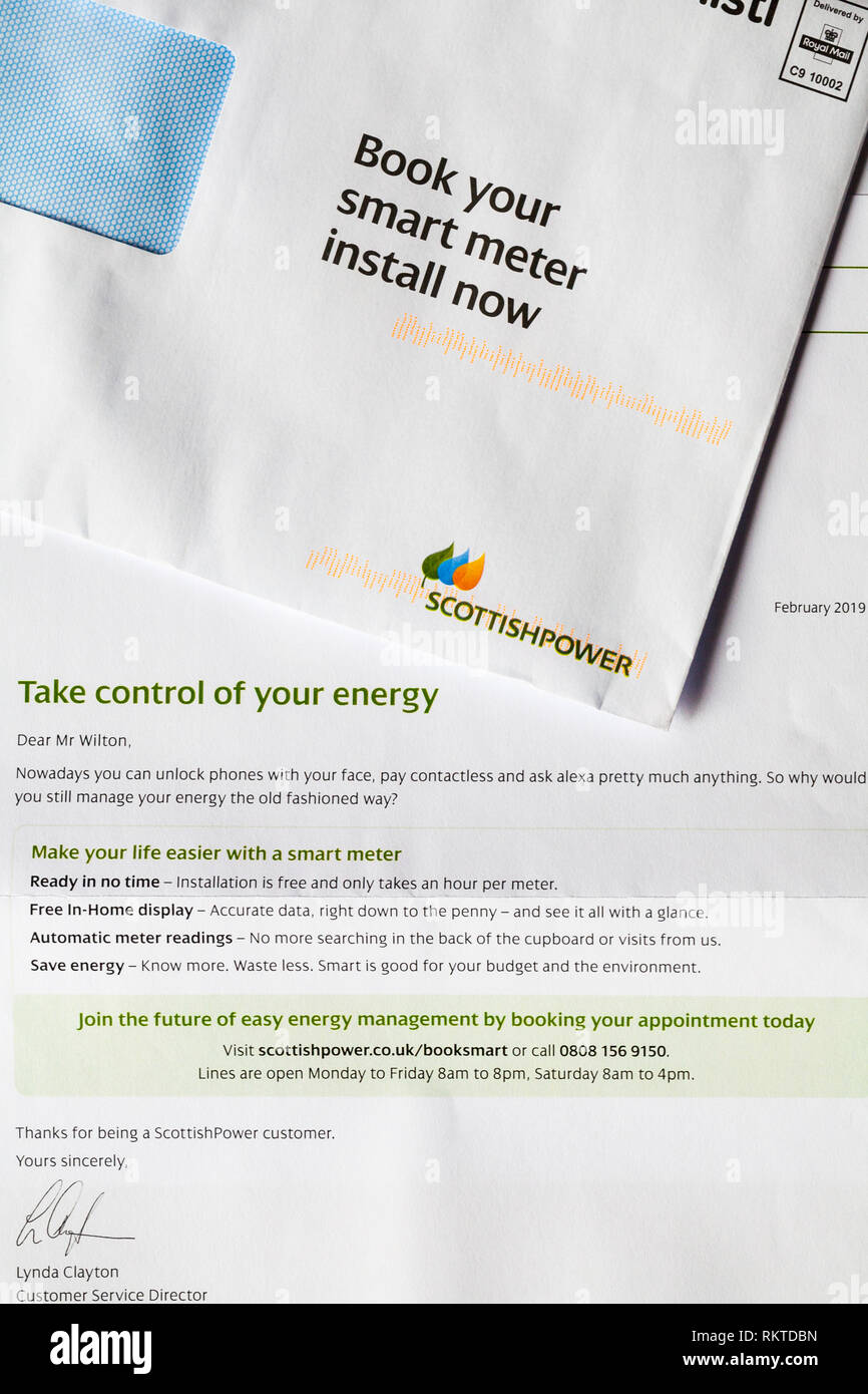 Lettre de Scottish Power Energy Company faisant campagne pour une plus intelligemment la Grande-Bretagne pour réserver votre compteur intelligent installer maintenant Banque D'Images