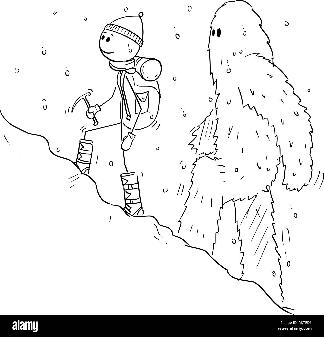 De dessin animé ou de l'alpiniste alpiniste marche à travers la neige suivie de Yeti Illustration de Vecteur