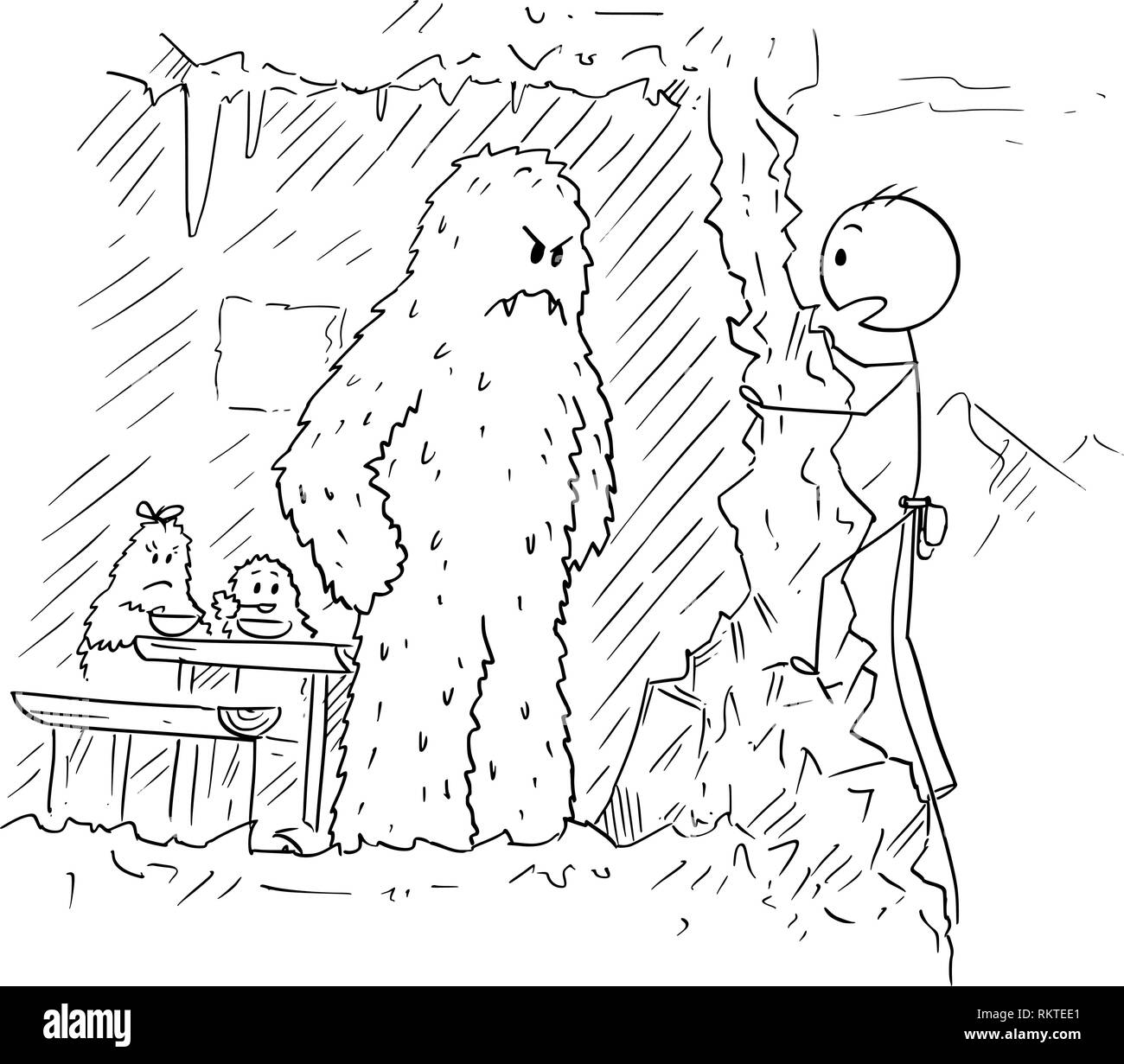 De dessin animé ou de l'alpiniste d'alpiniste qui a trouvé alors que l'escalade de la famille Yeti Illustration de Vecteur