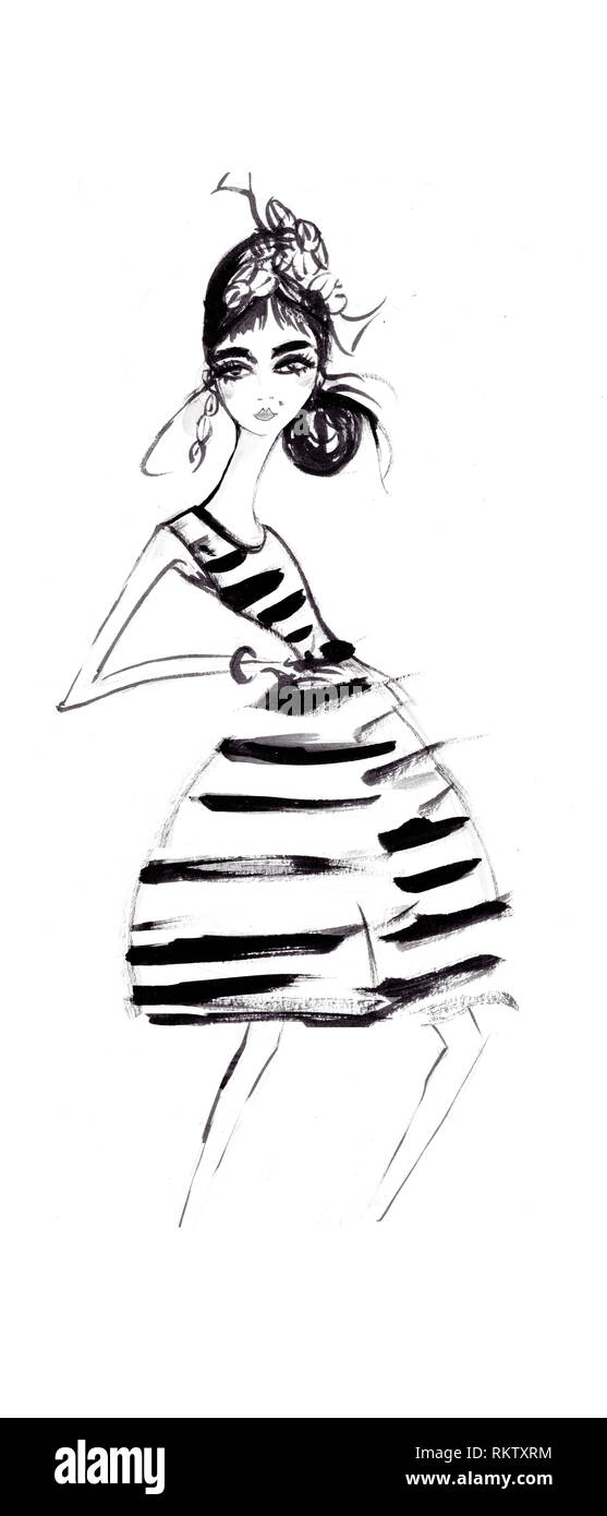Jeune femme portant robe rayée Banque D'Images