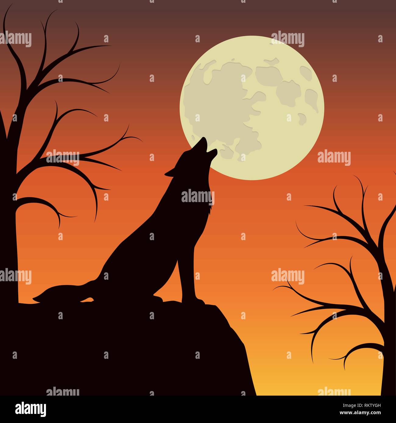 Le loup hurle à la pleine lune orange et brun EPS10 vector illustration paysage Illustration de Vecteur
