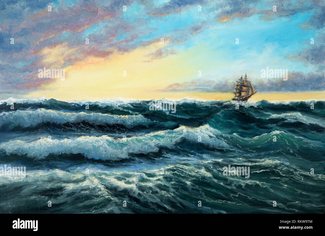 Peinture à l'huile originale montrant navire en pleine tempête sur l'océan ou sur la mer sur toile. L'impressionnisme moderne, modernisme, marinism Banque D'Images