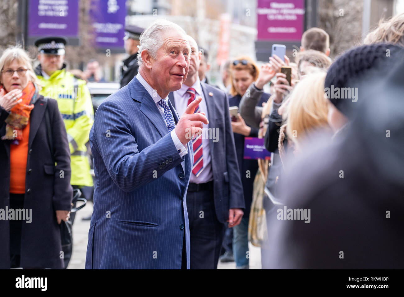 Liverpool, Royaume-Uni. 12 Février 2019 : le Prince de Galles visite du Royal Albert Dock de Liverpool dans le cadre de sa visite dans la ville le mardi 12 février 2019. Son Altesse Royale est de visiter le Royal Albert Dock pour célébrer le Dock de neuf statut royal, qui a été décerné en 2018. Le Dock célébrera son 175e anniversaire en 2021. Crédit : Christopher Middleton/Alamy Live News Banque D'Images