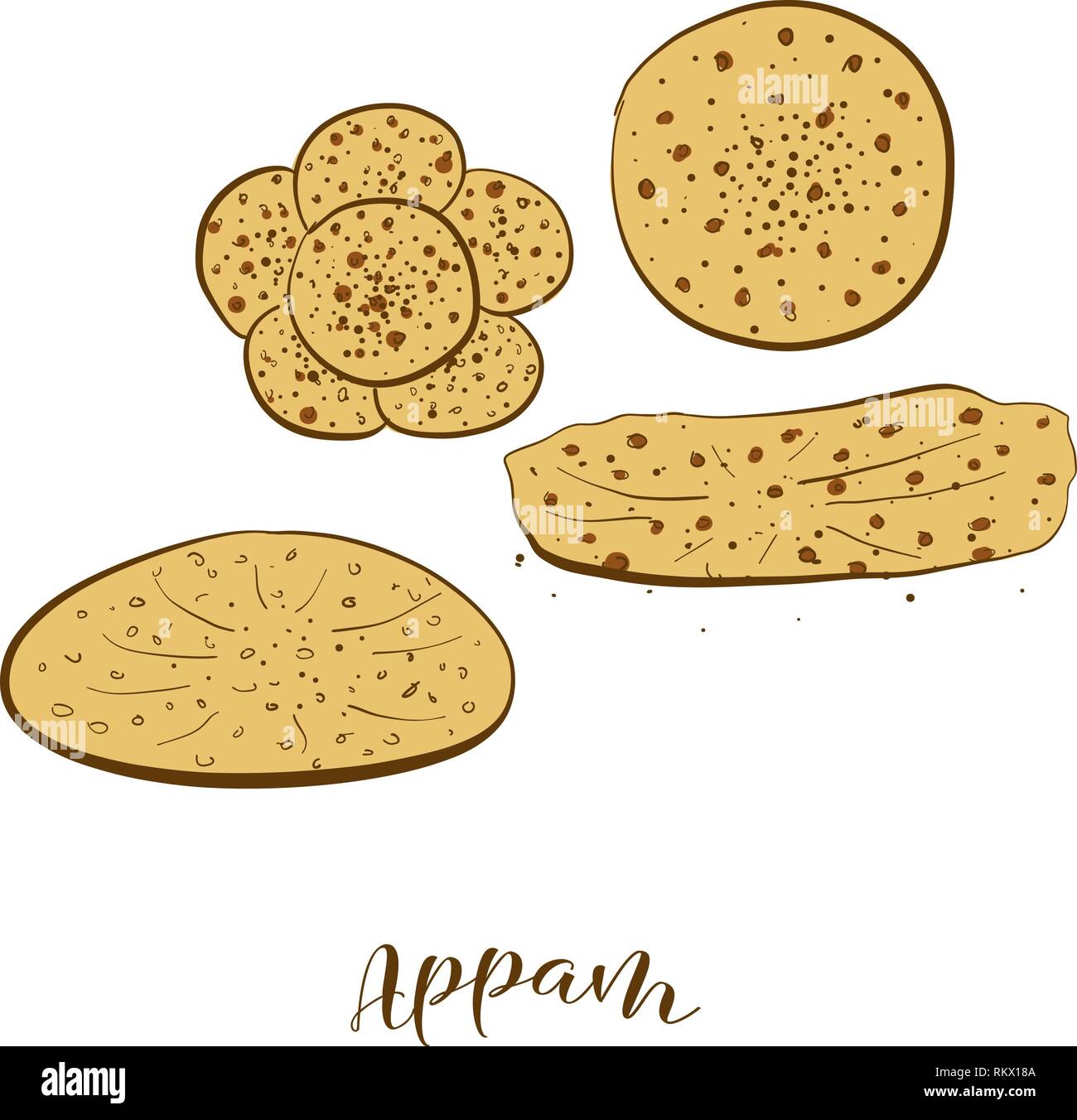 Croquis de couleur de l'Appam pain. De dessin vectoriel varie beaucoup de nourriture, habituellement connu en Inde. Illustration du pain de couleur série. Illustration de Vecteur