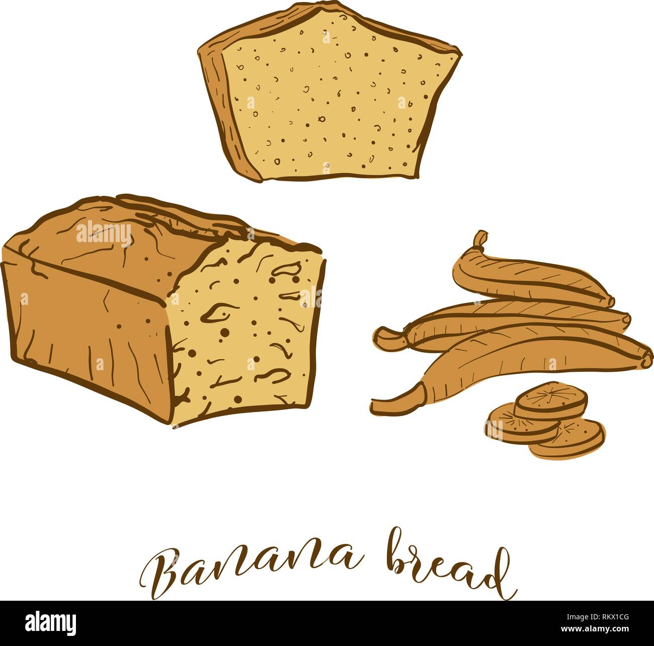 Croquis couleur de pain pain aux bananes. Dessin vectoriel de nourriture pain sucré, généralement connu dans United States. Illustration du pain de couleur série. Illustration de Vecteur