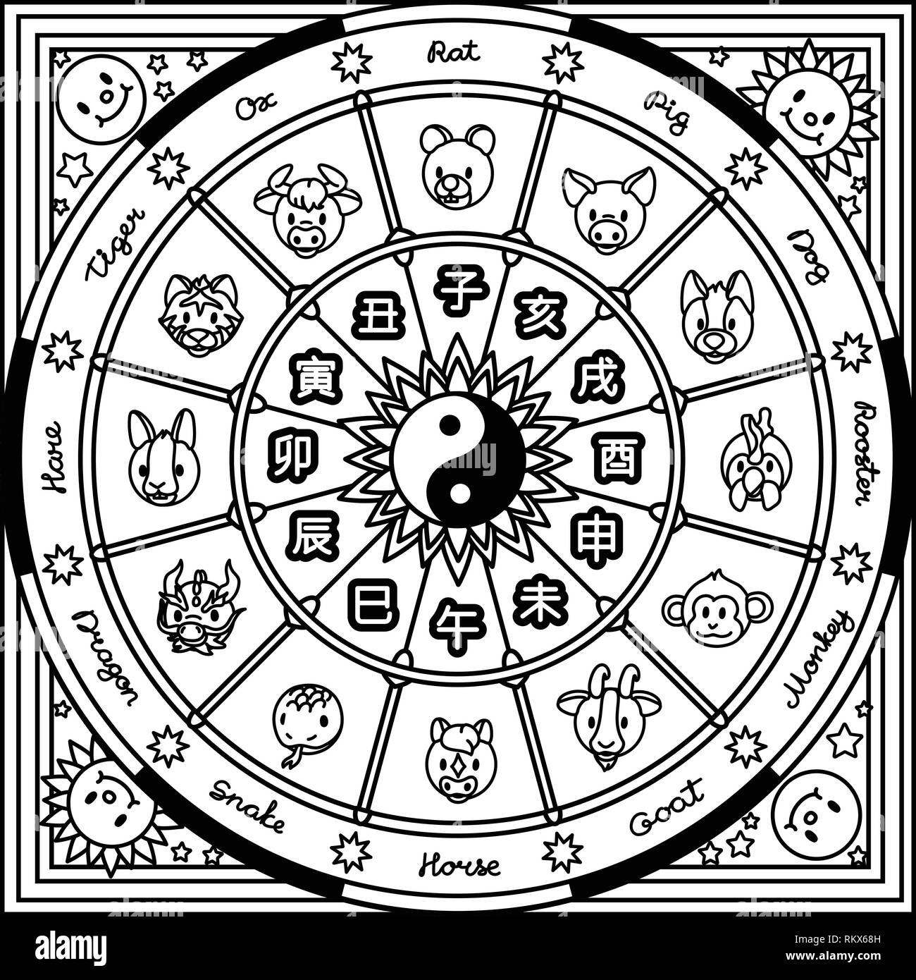 Cercle zodiacal chinois vecteur mignon horoscope astrologie. Illustration de Vecteur