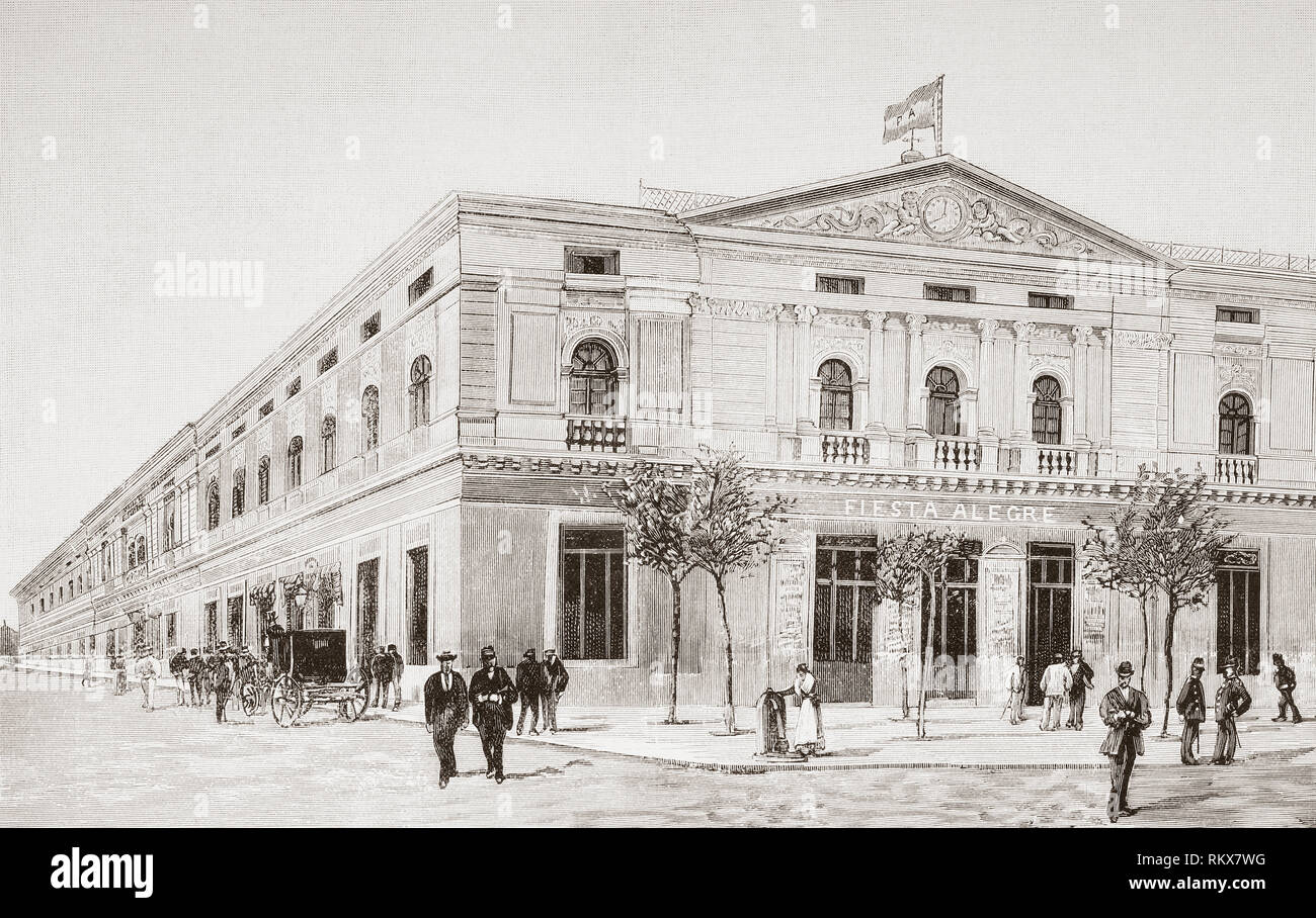 Exteriorof la Fiesta Alegre Fronton court building, Madrid, Espagne vu ici le jour de son inauguration, il a ensuite été démoli au 20ème siècle. De la Ilustracion Espanola y Americana, publié en 1892. Banque D'Images