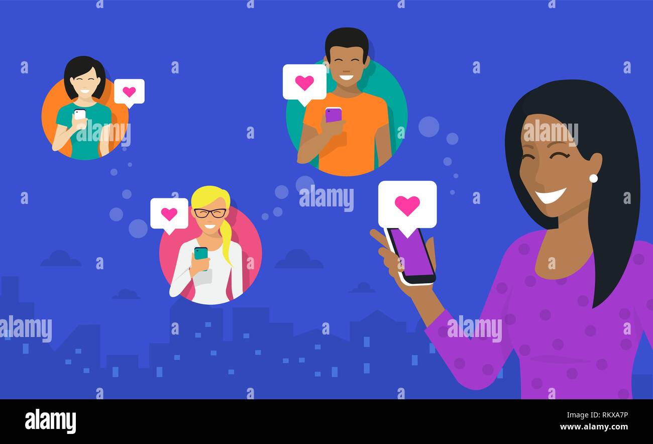 Smiling african woman tient le smartphone dans sa main et le partage d'images et de mèmes à vos amis via les réseaux mobiles app. Télévision vector illustration néon Illustration de Vecteur