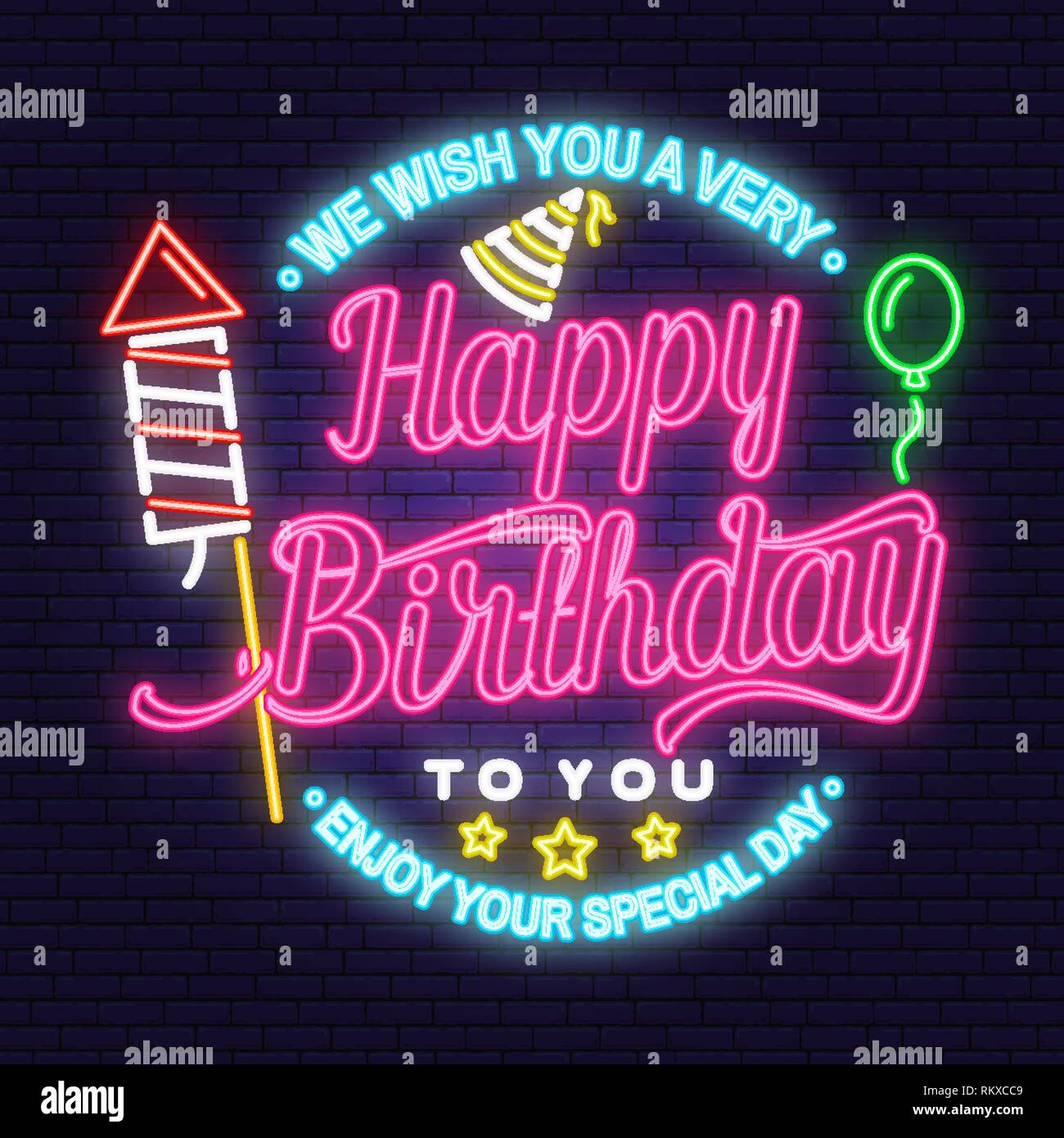 Nous Vous Souhaitons Un Tres Joyeux Anniversaire Au Neon Stamp Badge Autocollant Carte Avec Montgolfiere Fusees D Artifice Et Anniversaire Hat Vecteur La Conception De L Anniversaire De Neon Pour Embleme Enseigne Au Neon