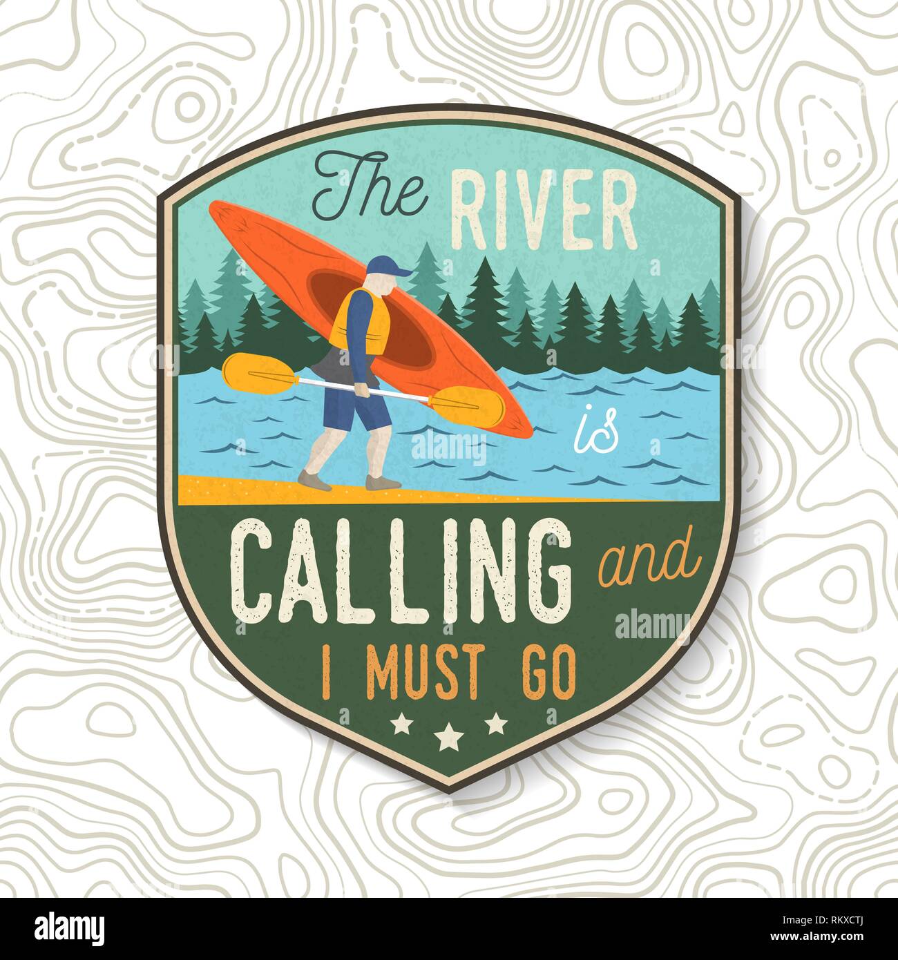 La rivière est l'appel et je dois partir. Kayak Club badge. Vecteur. Concept pour patch, timbre, d'impression ou de pièce en t. Design typographie vintage avec des montagnes et la kayakiste silhouette. Eau extrême sport kayak patches Illustration de Vecteur