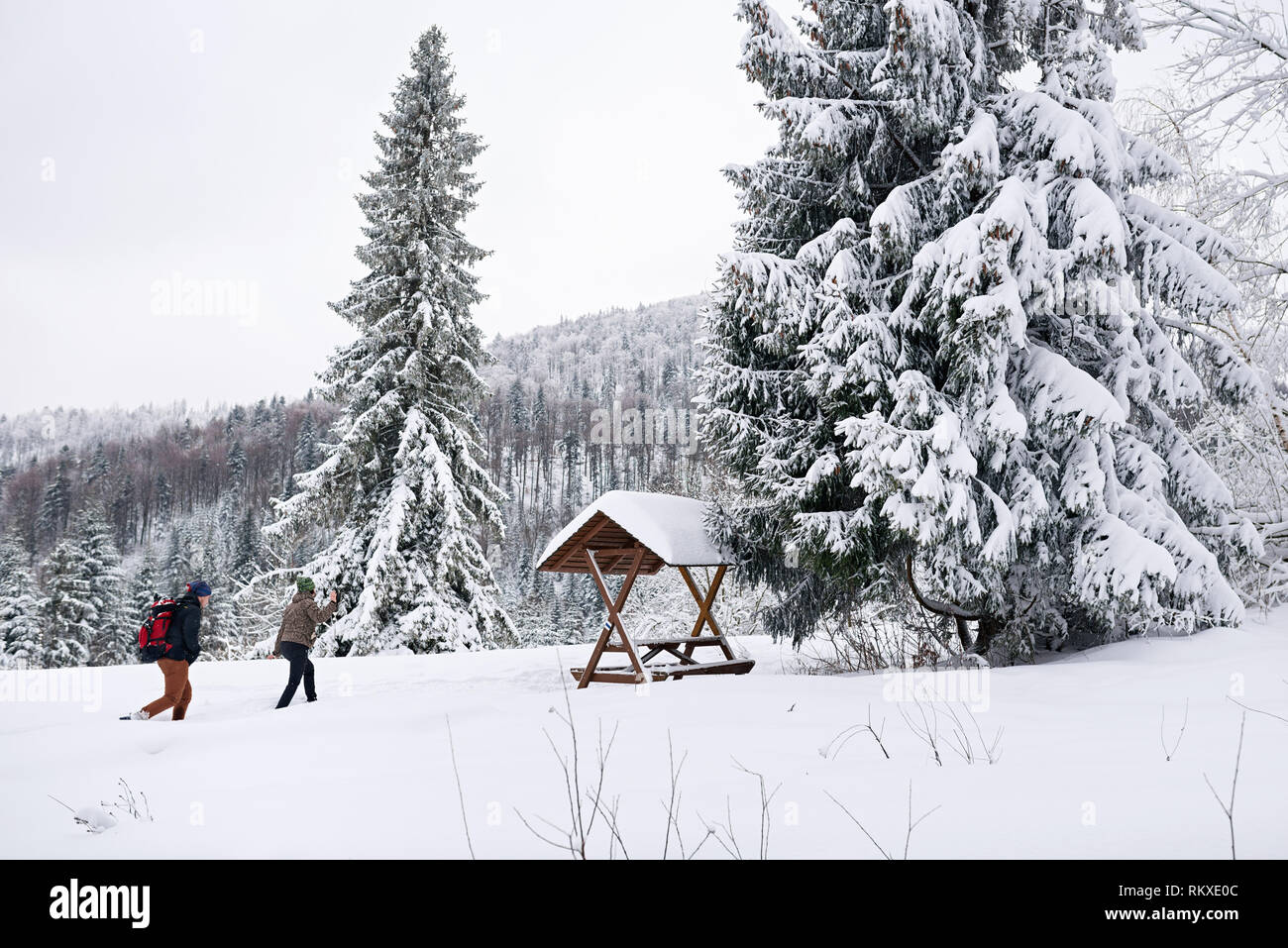Couple en marche d'équipement de randonnée à un refuge dans une clairière couverte de neige tandis que dehors pour une randonnée d'hiver ensemble dans la forêt Banque D'Images