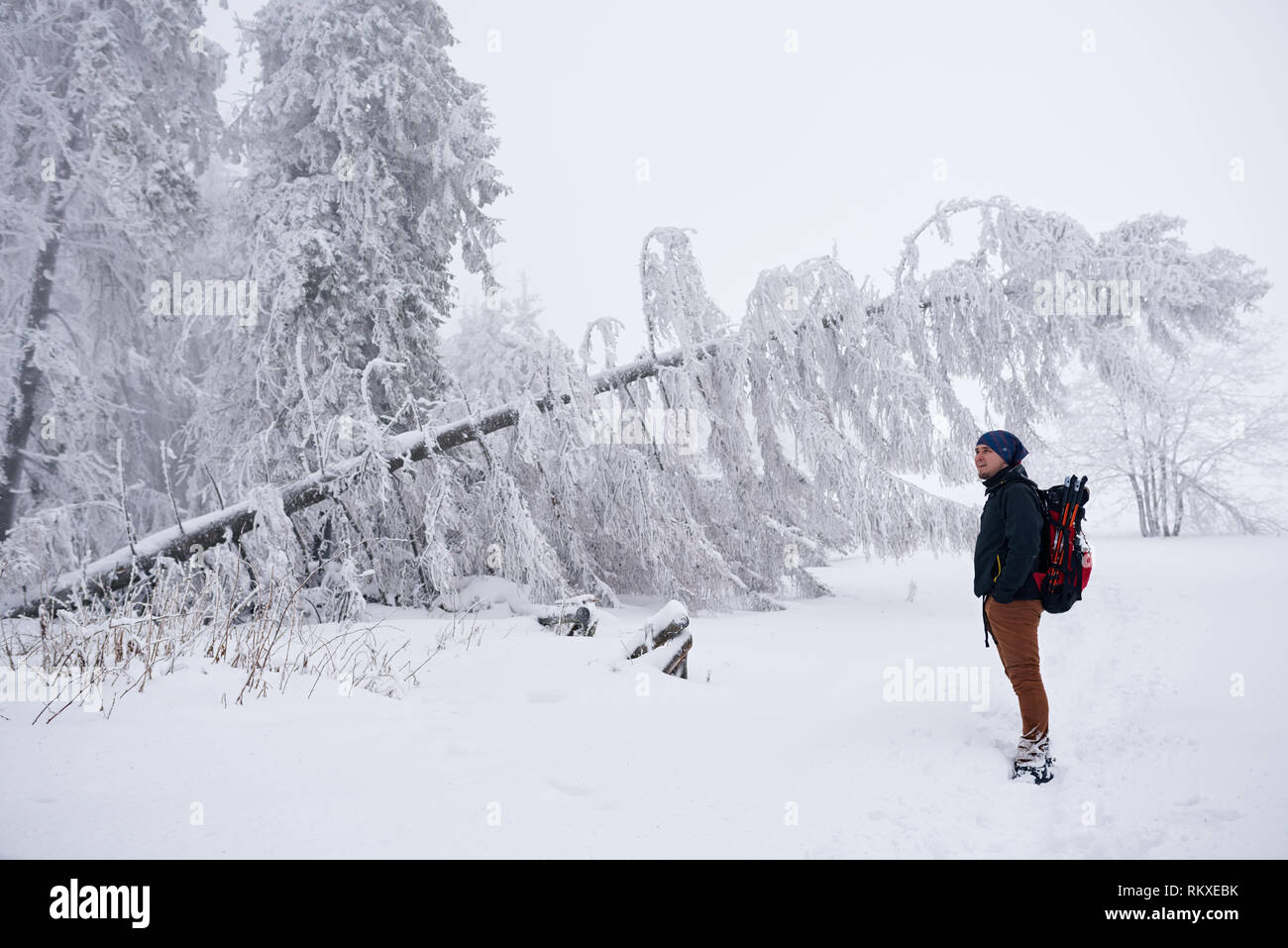 Jeune homme séduisant en admirant un équipement de randonnée de la forêt couverte de neige tandis que dehors pour une randonnée en hiver Banque D'Images
