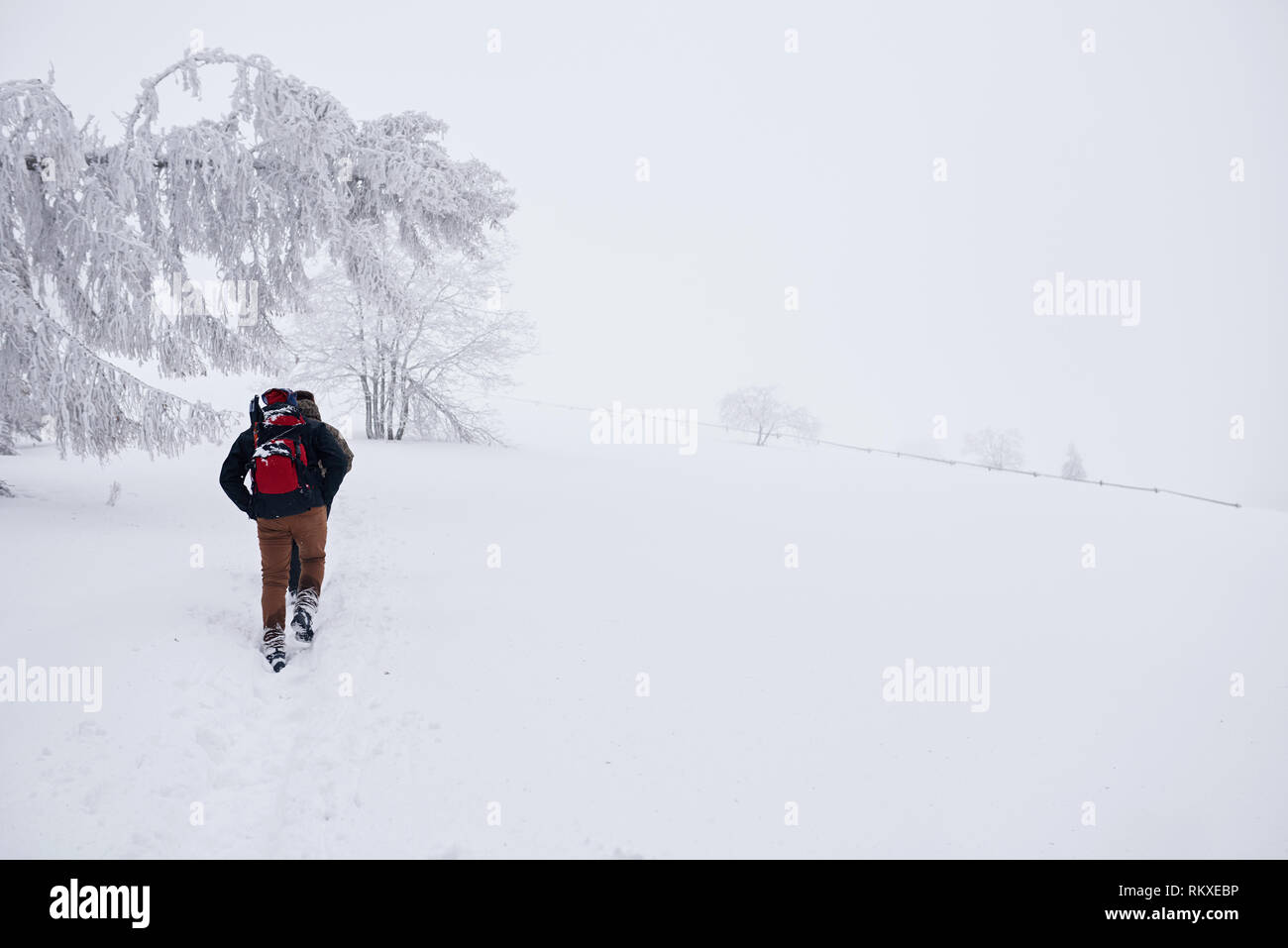 Coquille d'un jeune couple en marche d'équipement de randonnée à travers une compensation couvertes de neige d'une forêt au cours d'une randonnée d'hiver Banque D'Images