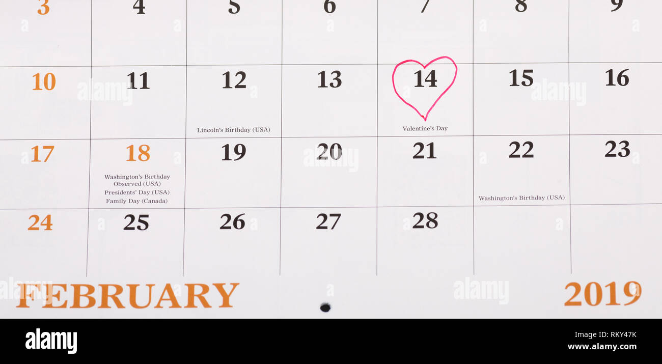 Un calendrier montrant Valentines Day 2019 avec un cœur rouge Banque D'Images