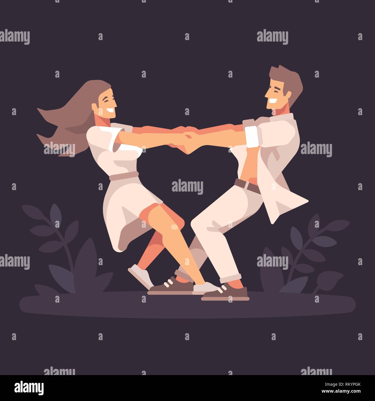 Young couple holding hands and spinning autour, formant une forme de coeur sur fond sombre Illustration de Vecteur