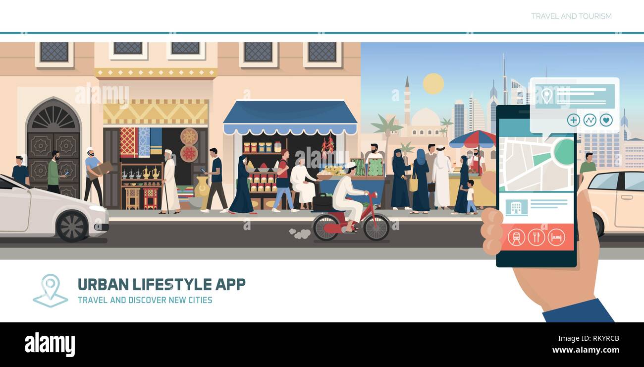 Tourisme app, la navigation et les voyages touristiques : connexions au Moyen-Orient et à l'aide de cartes sur son smartphone pour trouver un emplacement Illustration de Vecteur