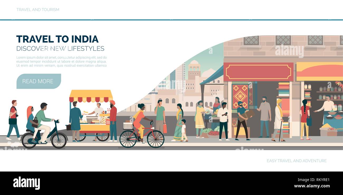 Voyager en Inde : vacances et tourisme bannière avec des bâtiments traditionnels, les gens et l'alimentation de rue Illustration de Vecteur